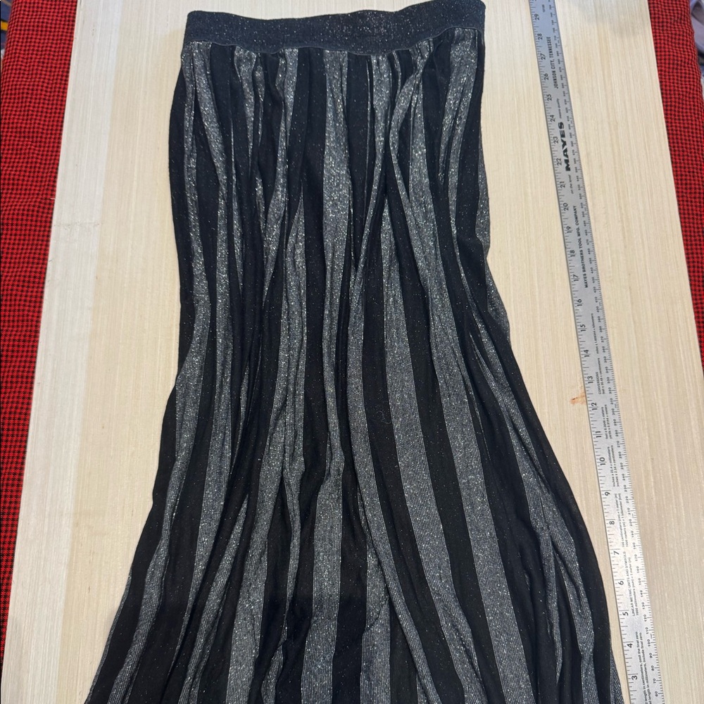 Blue and silver striped midi skirt with metallic sparkle